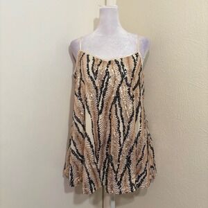 Cream Black Gold Sequin Mesh Cami Tank Top Indie Glam Party Witchy Abstract XL